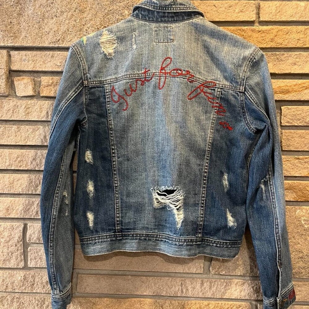 American Eagle Jacket Women’s Blue Denim Embroidered Flowers Just For Fun S - Picture 4 of 4